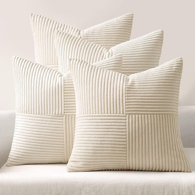 MIULEE Beige Throw Pillow Covers 16x16 Inch Set of 4 Boho Patchwork Cushion Cases Modern Farmhouse Pillow Cases with Invisible Zipper Corduroy Striped Home Decor for Couch Sofa Bedroom