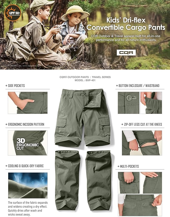 CQR Kids Youth Hiking Cargo Pants, UPF 50+ Quick Dry Convertible Zip Off Pants, Outdoor Camping Pants