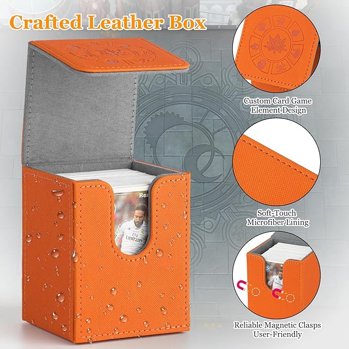 Arkeiliy MTG Deck Box with 50 Pcs Card Sleeve, 110+ Card Storage Leather Deck Box for Magic Commander, Collectible Trading Card Cases(Orange III)
