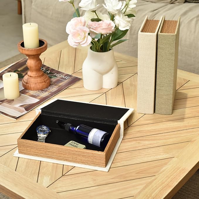 DECOR4SEASON Modern Linen and Wood Decorative Faux Book Boxes Set of 3,10" | Taupe,Beige,Off White