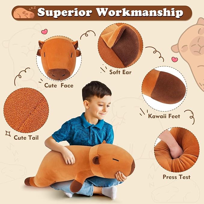 Auspicious beginning 19'' Large Capybara Plush Stuffed Animal- Cute Capybara Plush Pillow Plushies, Big Sleeping Hugging Stuffed Animal, Cute Body Pillow Birthday Gifts for Kids Girls Boys