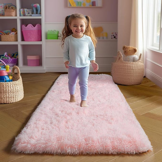 Amdrebio Pink Shag Plush Runner Area Rug 2x6 for Girls Bedroom Kids Room | Fluffy Fuzzy Furry Shaggy Carpet, Nursery Classroom Preppy Dorm Playroom Decor, Cute Princess Aesthetic, Baby Toddler Corner
