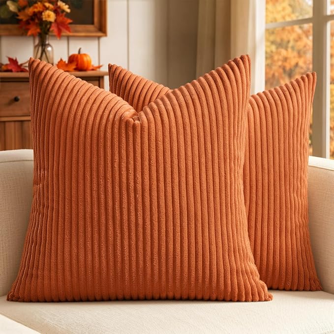 MIULEE Fall Decorative Corduroy Throw Pillow Covers Set of 2 20x20 Orange | Soft Striped Textured Cushion Cases, Boho Energetic Vibe Pillowcases for Home Decor, for Couch Chair Sofa Bed Living Room