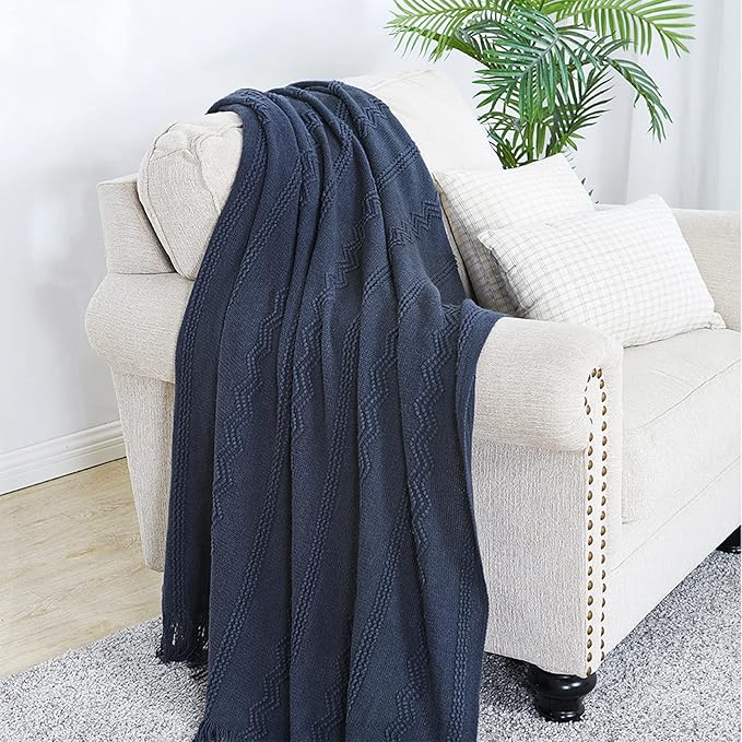 BOURINA Navy Throw Blanket 50x60 Inch Boho Knitted Soft Throw Sofa Blanket | Knitted Throw Blanket 50x60 Inches, Soft Lightweight Boho Weave Throw Decorative Couch Blanket for Living Room Bedroom Chair