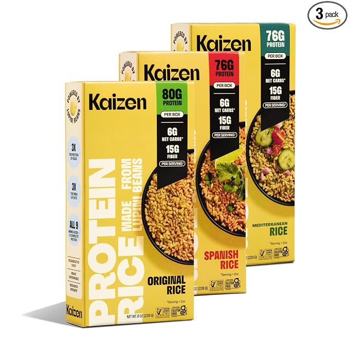 Kaizen Low Carb Rice, 20g High Protein, 6g Net Carb, Variety 8 Oz (3-Pack) | High Fiber 15g, Gluten-Free, Keto-Friendly, Plant-Based Lupini Orzo, Non-GMO, Kosher, Protein Base for Bowls