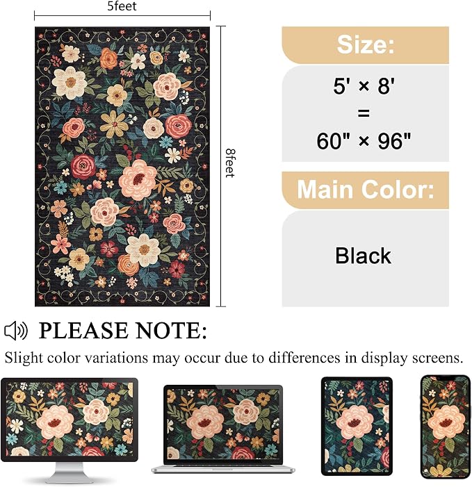 DUKINO 5x8 Area Rug for Bedroom, Soft Floral Washable Rug Non Slip, Black | Low Pile, Non-Shedding Thin Indoor Rug for Living Room, Dining Room, Kids Room, Office, Nursery, Pet Friendly, Home Decor