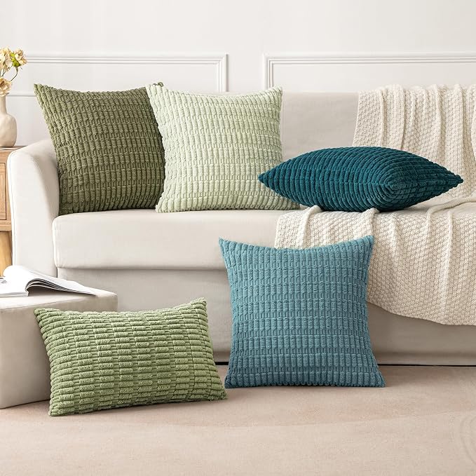 MIULEE Corduroy Decorative Throw Pillow Covers 18x18 Coastal Blue Pack of 2 | Soft Boho Striped Pillow Covers Modern Farmhouse Home Decor For Sofa Living Room Couch Bed