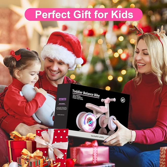 Colorful Lighting Baby Balance Bike Toys for 1 Year Old Girls Gifts, Toddler First Bike 12-24 Months with Adjustable Soft Seat, 4 Silent Wheels Ride on Toy, Perfect First Birthday Gift