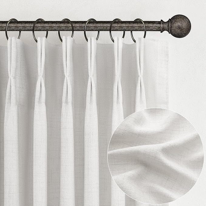 PleatedDrapes Linen Curtains 90 Inches Long 2 Panels Set, Light Filtering Luxury Curtains for Living Room/Sunroom Pinch Pleated Viral Heavy Duty Drapes Beige White Sheer Back Tab (W40 xL90)