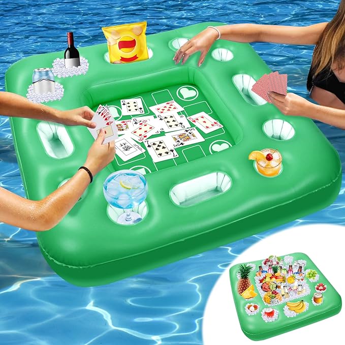 Floating Table for Pool Game, 40 x 40 in Floating Card Table for Pool with Food Drink Holders and Waterproof Playing Cards, Inflatable Floating Pool Table for Adults and Family Party (Green)