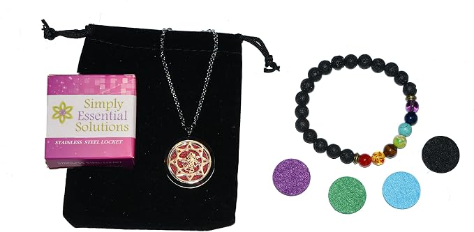 Aromatherapy Essential Oil Diffuser Stainless Steel 30MM Silver Magnetic Locket Pendant with Chain Necklace and Colored Refill Pads & Diffuser Bracelet All in a Velvet Bag (Christmas Bells in a Star)
