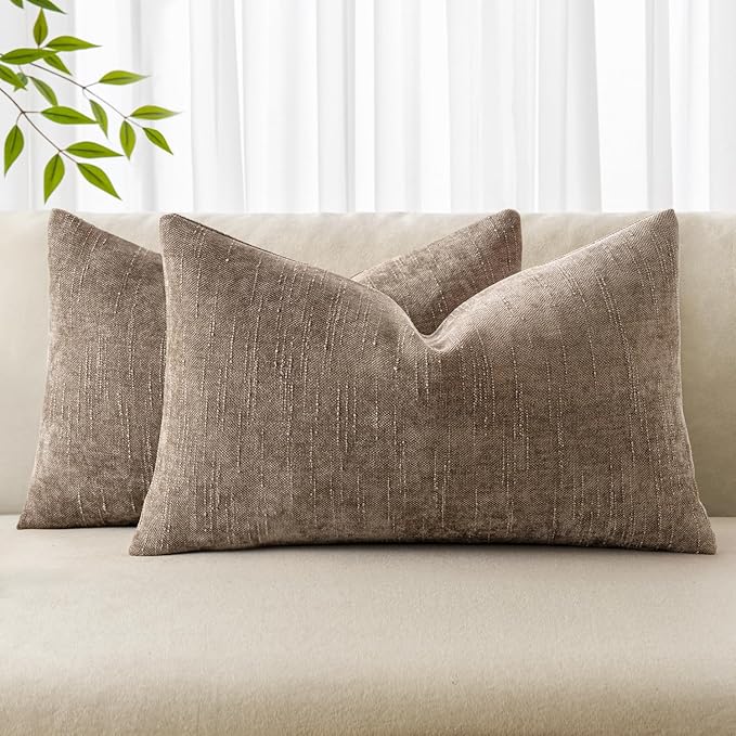 MIULEE 12x20 Inch Lumbar Textured Chenille Throw Pillow Covers Taupe Grey | Pack of 2 Decorative Soft Throw Pillows, Solid Textured Cushion Covers, Modern Home Decor for Couch Sofa Bedroom Living Room
