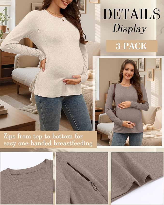 3 Pack Nursing Tops for Breastfeeding Maternity Shirts Zipper Long Sleeve Round Neck Knit Casual Nursing Clothes