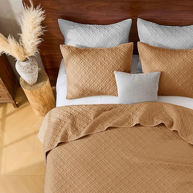 King Quilt Set with Shams Lightweight Quilted Bedspread Coverlet Thin Comforter Bed Cover Vintage Washed Quilted Blanket for All Season, Brushed Microfiber Diamond Stitching, Brown, 104"x92"
