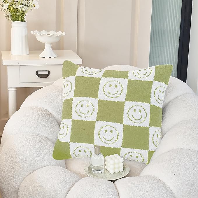 Pack of 2 Ultra Soft Cozy Happy Smiling Face Checkered Knitted Throw Pillow Cover Fluffy Microfiber pillocase Decorative for Sofa Bed 18 Inches Both Sides (Green)