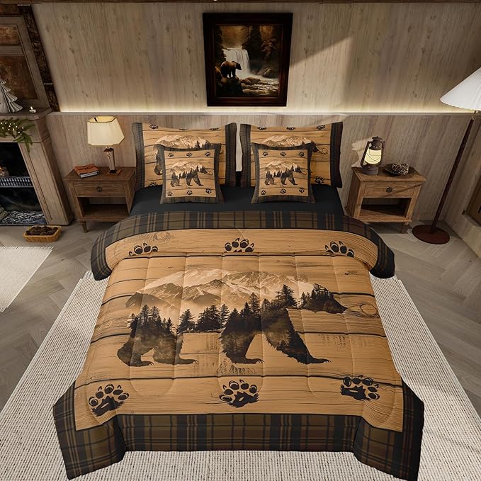 Feelyou Rustic Bear Comforter Set with Sheets Farmhouse Black Bear 7 Piece Bedding Set Full Size for Kids Boys Girls Forest Animal Wildlife Hunting Theme Bed in a Bag