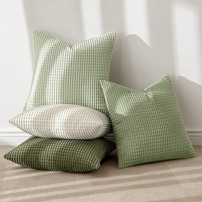 MIULEE Farmhouse Decorative Pillow Covers 20x20 Inch Set of 4 Light Green | Modern Natural Rustic Throw Pillows, Neutral Warm Soft Corduroy Couch Pillowcases, Home Decor for Sofa Living Room Bed