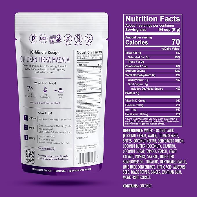 Kevin's Natural Foods Tikka Masala Simmer Sauce, 3 Pack | Keto and Paleo Stir-Fry Sauce, Gluten Free, No Preservatives, Non-GMO