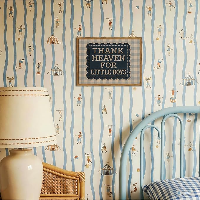 Framed Thank Heaven for Little Boys Wall Art, Baby Boy Nursery Wall Decor, Vintage Blue Gingham Inspirational Quote Paintings Canvas Prints Pictures for Toddler Kids Bedroom 16x24 inch