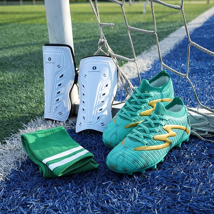 brooman Kids Firm Ground Soccer Cleats Boys Girls Football Shoes with Shin Guards and Soccer Socks