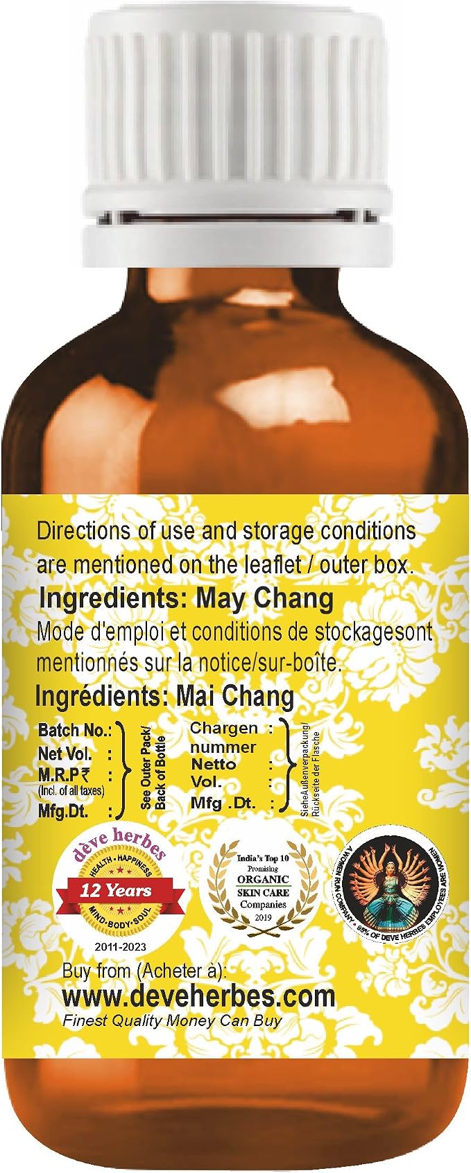 dève herbes May Chang Essential Oil (Litsea cubeba) Pure | Non-Sticky | Non-Greasy | Lightweight | Men & Women | All Skin Types | Steam Distilled 15ml (0.5 oz)