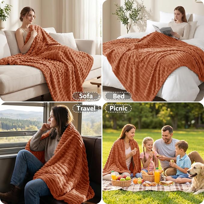 Burnt Orange Twin Blanket for Bed & Couch, 60 x 80 Inch | 300GSM Ribbed Fleece Blanket, Soft, Cozy & Lightweight, OEKO-TEX Certified, All-Season Use for Travel, Dorm & Home Decor