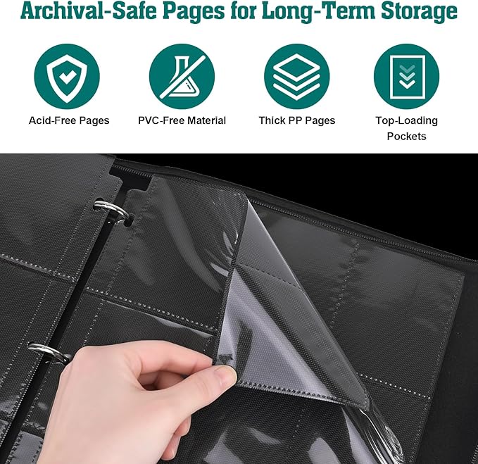 Trading Card Binder, 900 Pockets, 50 Sheets 9-Pocket, Refillable 3-Ring, Fits 2.5" x 3.5" Cards, Acid-Free PVC-Free Pages, Zip PU Cover with Strap, for TCG & Sports Cards – Campfire Design