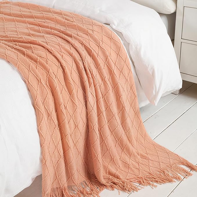 BOURINA Orange Throw Blanket 50x90 Inch Boho Knitted Soft Throw Bed Blanket | Knitted Throw Blanket 50x90 Inches, Soft Lightweight Boho Weave Throw Decorative Couch Blanket for Living Room Bedroom Chair