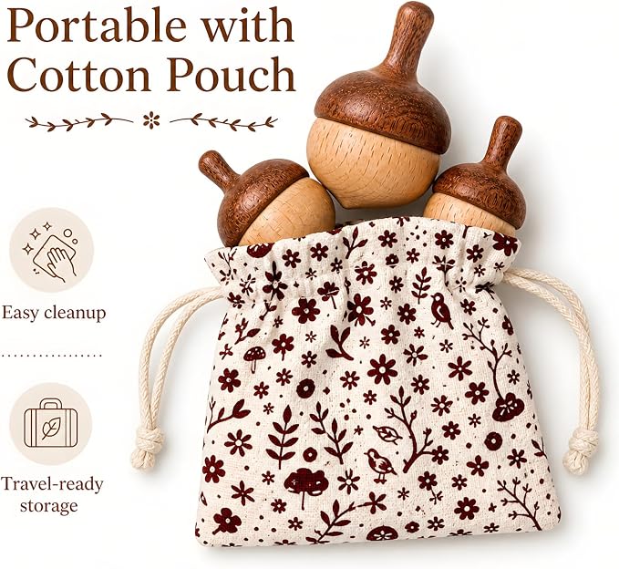 Wooden Spinning Tops Acorn Toy | 3 Pcs Wood Tops Made from Sapele and Beech Hardwood with Cotton Drawstring Storage Bag | Smooth & Safe for Toddlers Skill Play and Travel, Gift-Ready