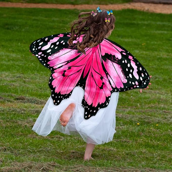 Kids Butterfly Wings Costume Girls Fairy-Wings Toddler Dress Up Play Costumes Butterfly Hair Clip Mask Party Favors (Pink Sets)
