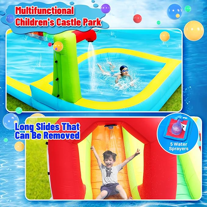 Inflatable Water Slide Park, Bouncy Castle with Deep Pool, 191 x 157.5 x 100 Inch, Jumping Castle with Air Blower