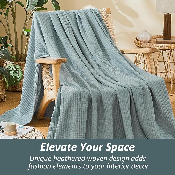 EMME Cotton Muslin King Blanket Bed Layering Bedspread Coverlet Breathable Gauze Blanket Soft Lightweight (Heather Teal, 108"x90")