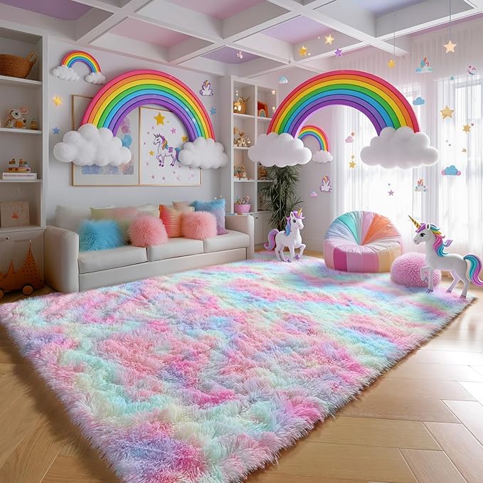PAGISOFE 4x6 Rainbow Fluffy Soft Plush Area Rugs for Girls Bedroom, Shaggy Vibrant Rugs for Kids Playroom,Kawaii Princess Fuzzy Rugs for Nursery Baby Toddler,Cute Colorful Room Decor for Teenage