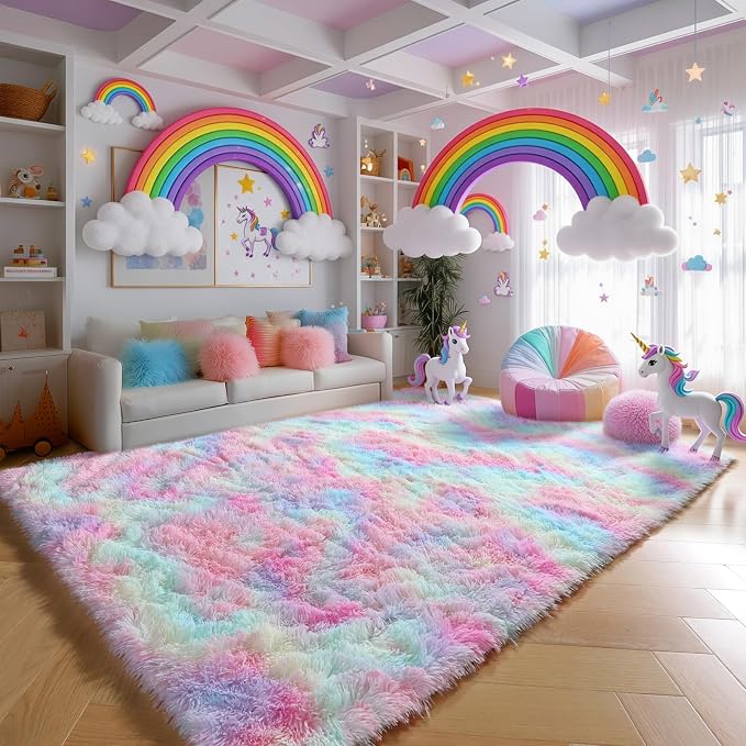 PAGISOFE 8x10 Rainbow Large Area Rug,Plush Rugs for Bedroom Girls,Shaggy Vibrant Carpet for Kids Room,Fuzzy Nursery Rug for Baby's Toddler's Room,Clorful Room Decor for Teenage Pastel Princess Rug