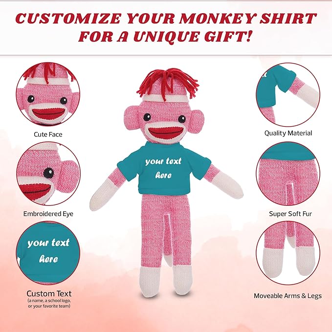Huggable Pink Sock Monkey 8 Inch, Plush Stuffed Animal Personalized Gift-Custom Text on Shirt-Perfect for Halloween Day, Valentine's Day, Graduation Day, or Birthday Present (Teal)