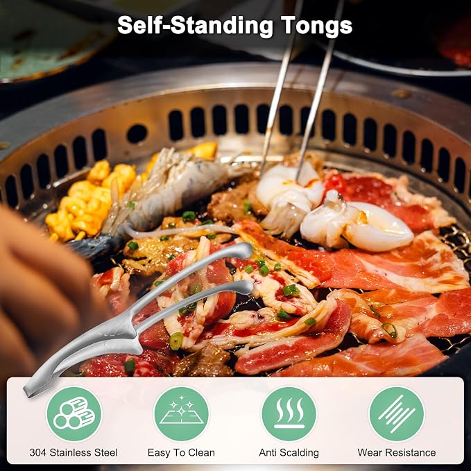 M METERXITY 3 Pcs Korean and Japanese BBQ Tongs 11.5 Inch Barbecue Tongs 304 Stainless Steel Kitchen Self-Standing Grill Non-Slip for Grill/Salad/Camping/Cooking [Silver]