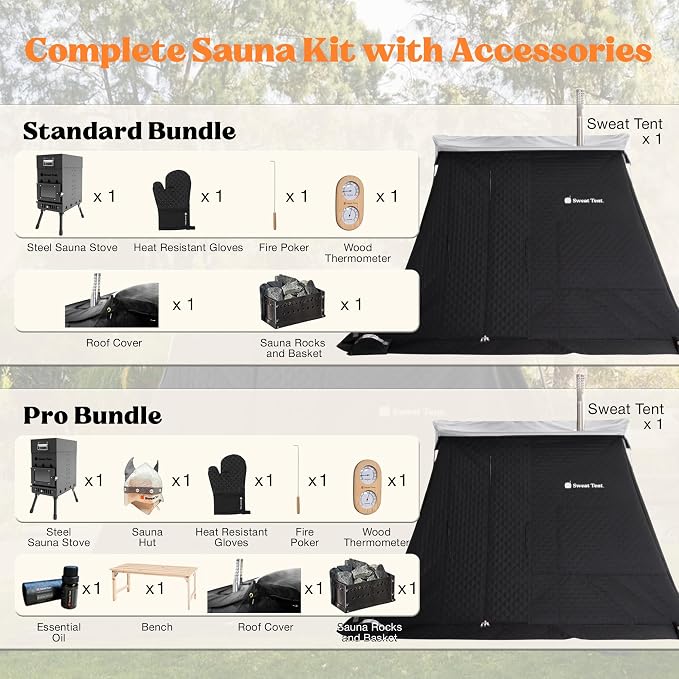 SweatTent Portable Outdoor Sauna (Extra Large) Pro Bundle – Complete Kit with Stove, Cedar Bench, Essential Oil, Wool Hat, Accessories, Quick Assembly, High-Temperature, 10 Adults, Backyard & Camping