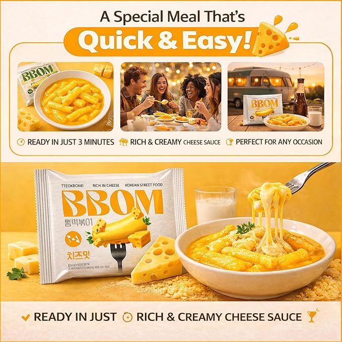 BBOM Instant Korean Tteokbokki Pouch – Cheese Flavor Korean Rice Cakes – Easy Street Food Meal Kit – Includes Tray, Rice Cakes & Powder Sauce, 5.19 oz (147 g) x 2