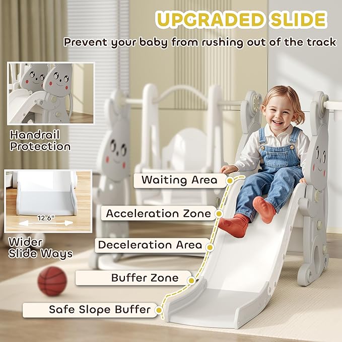 Qaba 4 in 1 Toddler Slide and Swing Set, Kids Playset for Ages 1.5-4, Rabbit Themed Children Slide Playground with Climber, Basket Hoop, for Indoor Outdoor Backyard, Gray