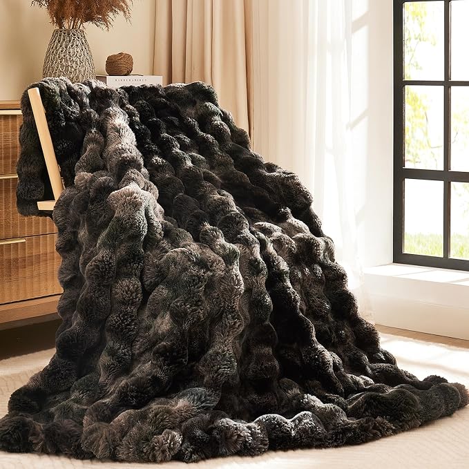 L'AGRATY Faux Rabbit Fur Throw Blanket for Couch, 60'' x 80'', Tie-Dye Gray | Soft Cozy Bubble Fluffy Blanket for Sofa Bed, Thick Warm Plush Fuzzy Throw for Room Home Decor, Luxury Gift for Women Mom