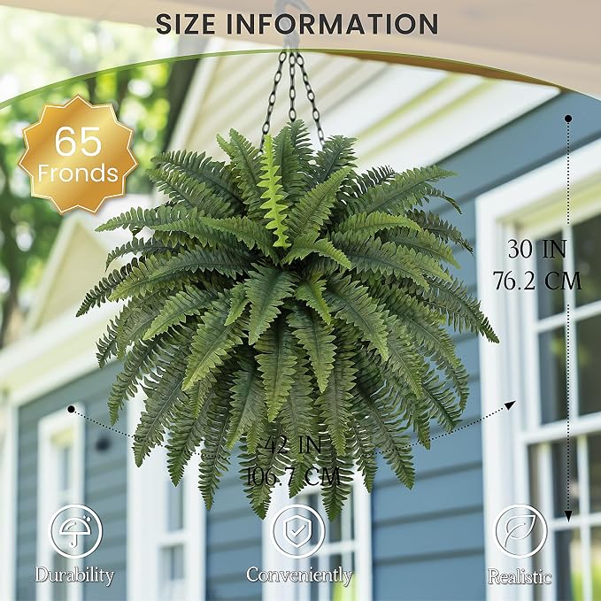 FOREST PRINCE 42" Artificial Boston Fern Large Bush Plants, 2 Bundles of Fake Ferns with 65 Fronds for Outdoors Home Decor