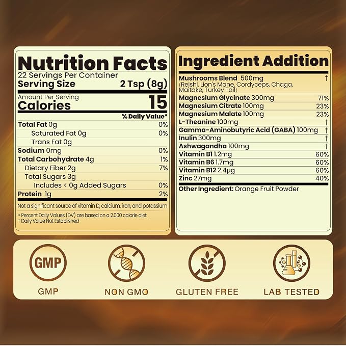 Calm Magnesium Powder, Ashwagandha, L-Theanine, GABA & 6 Mushrooms | Magnesium Glycinate Supplement for Relaxation & Calm Support | Non-GMO, Gluten-Free, Orange Flavor, 6.35oz