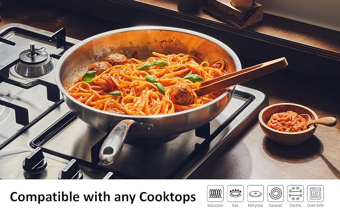5-Ply Stainless Steel Frying Pan, Full 5-Ply Clad, Brushed, Induction Cooking Pan, Oven Safe, Dishwasher Safe (12'' Stainless Steel Frying Pan)