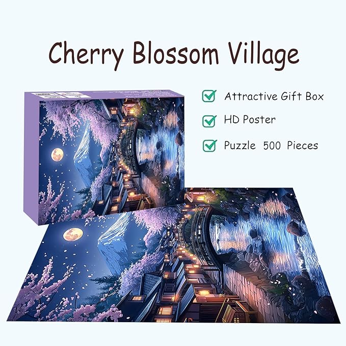 Puzzles for Adults 500 Pieces, Cherry Blossom Jigsaw Puzzles - Cherry Blossom Village, Impossible Unique Puzzle for Seniors Family, 20.47 x 14.96 inches, 1:1 Poster, Letter on The Back
