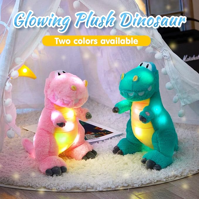 Houwsbaby 13'' Glowing LED T-Rex Dinosaur Light Up Stuffed Animal Soft Colorful Plush Toy Hugging Present for Kids Boys Girls Babies Accompany at Night Pet Decoration Holiday Birthday,Pink