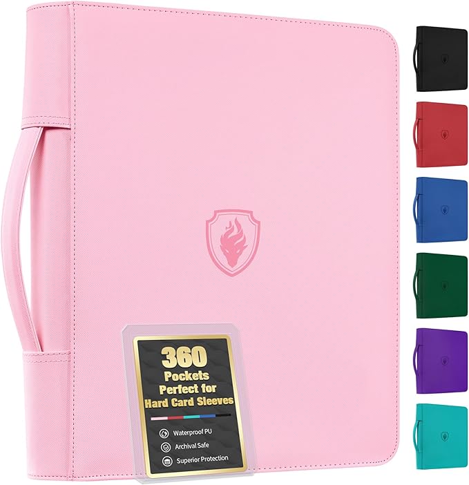 Fabmaker Top Load Binder Holds 360 Cards with Hard Card Sleeves, Portable Card Binder with Retractable Handle, Side Loading Trading Card Storage for Collectible Games, Sports Cards, Pink