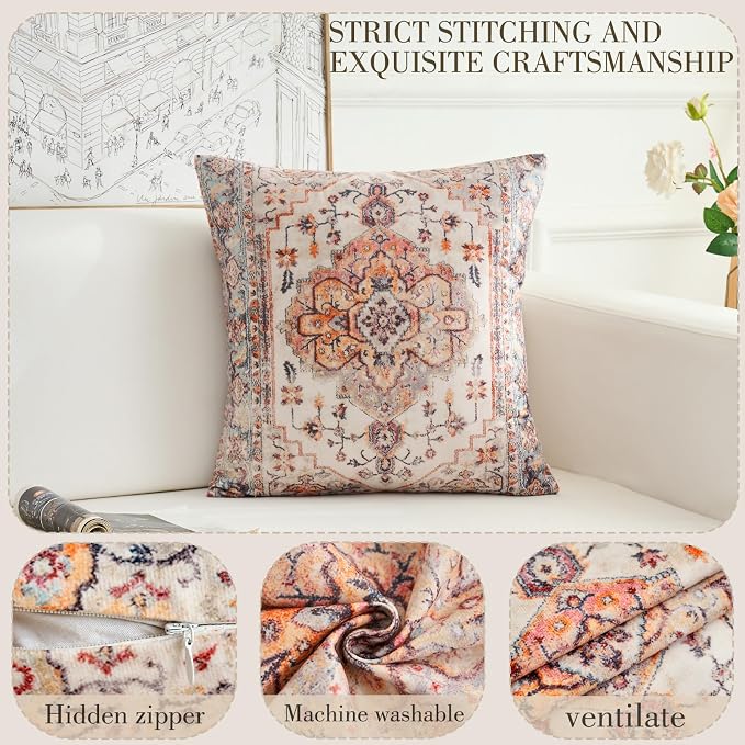 Boho Throw Pillow Covers 20x20 inch Set of 2,Boho Vintage Carpet Pattern Antique Ethnic Decor Double Sided Pattern Cushion Cover Soft Pillow Case Living Sofa Room Bed Square Pillow Cover