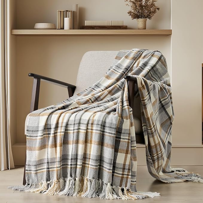 Plaid Chenille Knit Throw Blanket, 50"x60", Grey & Beige | Super Soft Knitted Throw with Tassels, Cozy, Decorative Farmhouse Plaid, Lightweight, Ideal for Couch Bed Gift Home Decor