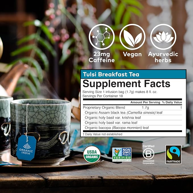 ORGANIC INDIA Tulsi Breakfast Herbal Tea - Black Tea, Holy Basil, Relieve Stress & Energize, USDA Organic, Non-GMO, Caffeinated - 18 Bags, 3 Pack