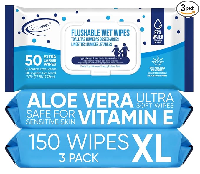 Air Jungles Flushable Wipes 150 Ct 3-Pack, Adult and Kid, XL 7x7 Inch | Fresh Scent, with Aloe Vera & Vitamin E For Sensitive Skin, Septic & Sewer Safe, Ultra Soft Personal Wet Wipes